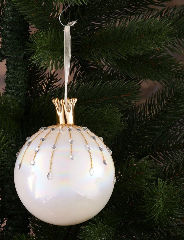 BRUBAKER Weihnachtsbaumkugel Premium Weihnachtskugel in Perlmutt Farbe - 10 cm Baumkugel aus Glas (1 St), Handarbeit - Christbaumschmuck mit Porzellan Figur Sch – Bild 3 von 4