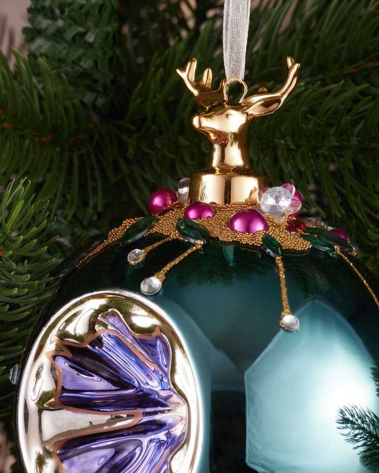 BRUBAKER Weihnachtsbaumkugel Premium Weihnachtskugel - Tiere mit Blumen - 10 cm Christbaumschmuck (1 St), Christbaumkugel aus Glas mit Perlen-Deko und Figur - H – Bild 2 von 4