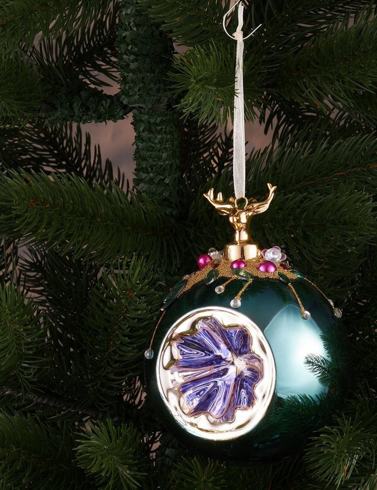 BRUBAKER Weihnachtsbaumkugel Premium Weihnachtskugel - Tiere mit Blumen - 10 cm Christbaumschmuck (1 St), Christbaumkugel aus Glas mit Perlen-Deko und Figur - H – Bild 3 von 4