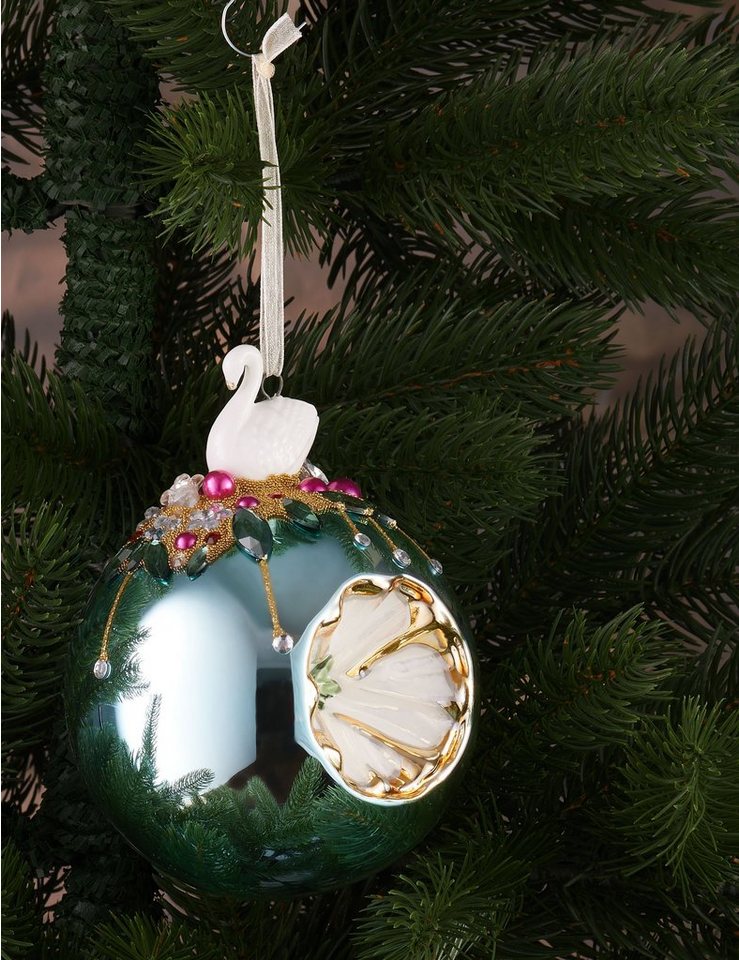 BRUBAKER Weihnachtsbaumkugel Premium Weihnachtskugel - Tiere mit Blumen - 10 cm Christbaumschmuck (1 St), Christbaumkugel aus Glas mit Perlen-Deko und Figur - H – Bild 3 von 4
