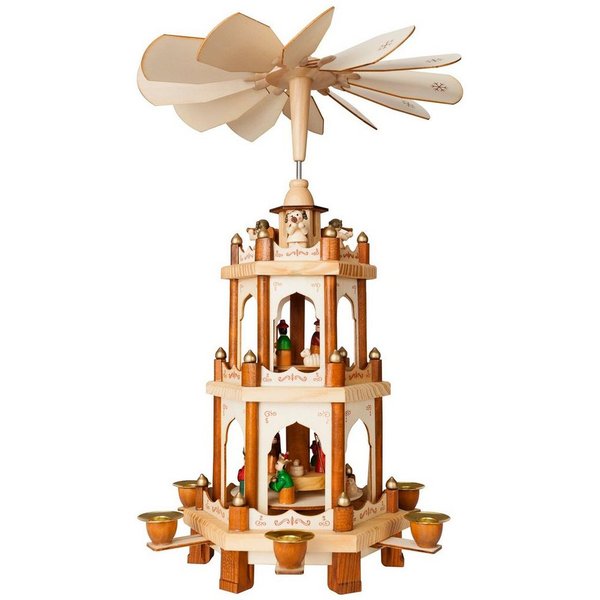 BRUBAKER Weihnachtspyramide Naturfarbene Holzpyramide mit 3 Etagen, Holz Tischpyramide 45 cm hoch handbemalte Figuren, Weihnachtsdeko