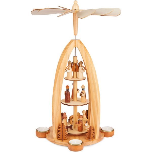 BRUBAKER Weihnachtspyramide Teelichtpyramide für Weihnachten - Pyramide für 4x Pyramiden-Teelicht, 44 cm Weihnachtspyramide aus Holz - Tischpyramide Krippenspie