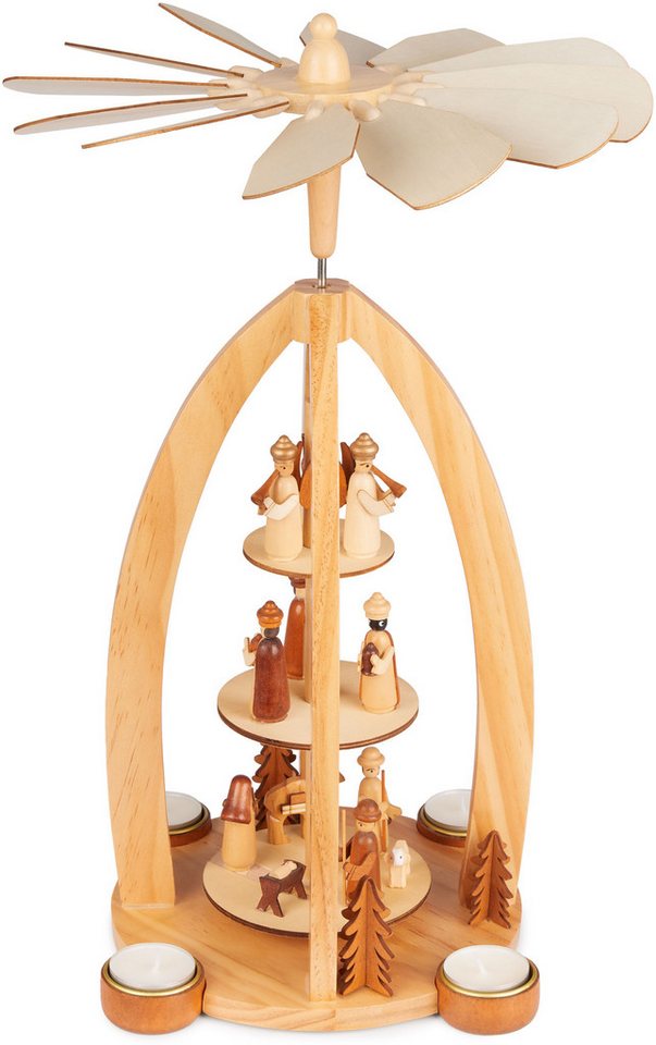 BRUBAKER Weihnachtspyramide Teelichtpyramide für Weihnachten - Pyramide für 4x Pyramiden-Teelicht, 44 cm Weihnachtspyramide aus Holz - Tischpyramide Krippenspie – Bild 2 von 5