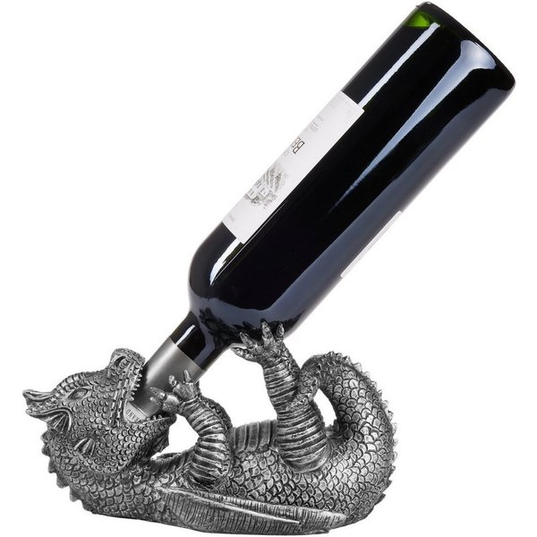 BRUBAKER Weinflaschenhalter Durstiger Drache Silber, (Deko Figur Handbemalt Weinzubehör, 1-St., Lustige Dekoration aus Kunstharz - Wein Geschenk), Fantasy Flasc