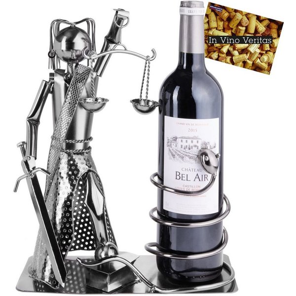 BRUBAKER Weinflaschenhalter Justitia mit Schlange, (inklusive Grußkarte), Metall Skulptur, Wein Geschenk, Flaschenhalter, Weinhalter