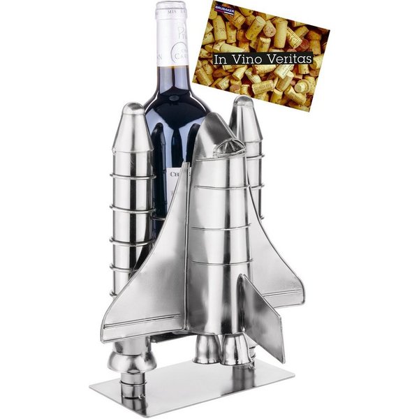 BRUBAKER Weinflaschenhalter Raketenstart - Space Shuttle Metall Skulptur, (Silber Metallfigur mit Grußkarte, 1-St., Weingeschenk für Raumfahrt und Weltall Fans)