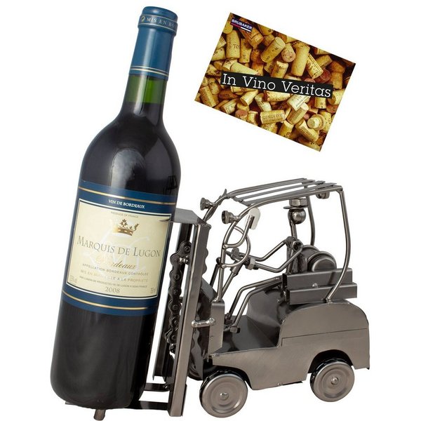 BRUBAKER Weinflaschenhalter Staplerfahrer Gabelstapler, (inklusive Grußkarte), Metall Skulptur, Wein Geschenk, Flaschenhalter, Weinhalter