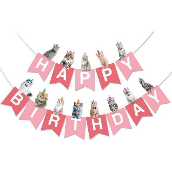 BRUBAKER Wimpelkette Happy Birthday mit Party Katzen - Geburtstag Deko Party Banner, Geburtstagsgirlande für Jungen und Mädchen - Tier Girlande