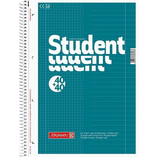 BRUNNEN Collegeblock Student Duo, A4 kariert und liniert, 80 Blatt, 4-fach Lochung, 70 g/m²