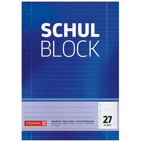 BRUNNEN Notizblock, A4, liniert (Lineatur 27), mit Innen- & Außenrand, ab 5. Klasse