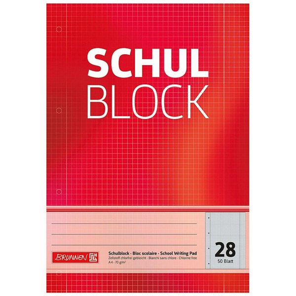 BRUNNEN Notizblock, A4 kariert (Lineatur 28), mit Innen- & Außenrand, ab 5. Klasse