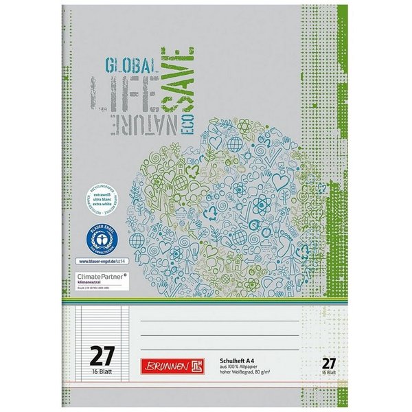 BRUNNEN Schulheft Recycling, A4, liniert (Lineatur 27), mit Innen-/ Außenrand, 16 Blatt
