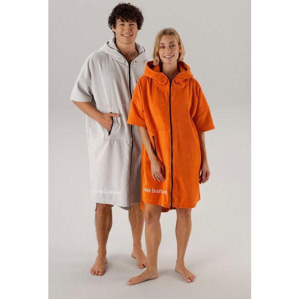 Bruno Banani Badeponcho Daniel, ideal für Sauna, Spa & im Urlaub, Damen & Herren, Midilänge, Frottier, Kapuze, 2-Wege Reißverschluss, Surfponcho, 100% Baumwolle