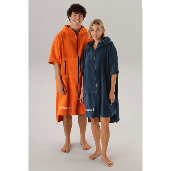 Bruno Banani Badeponcho Daniel, ideal für Sauna, Spa & im Urlaub, Damen & Herren, Midilänge, Frottier, Kapuze, 2-Wege Reißverschluss, Surfponcho, 100% Baumwolle