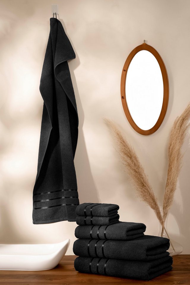 Bruno Banani Handtuch Set Clement, Duschtücher, Handtücher, Seiftücher, Frottier (Set, 6-St), mit dezent glänzender Streifenbordüre, einfarbig, aus 100% Baumwol – Bild 2 von 5