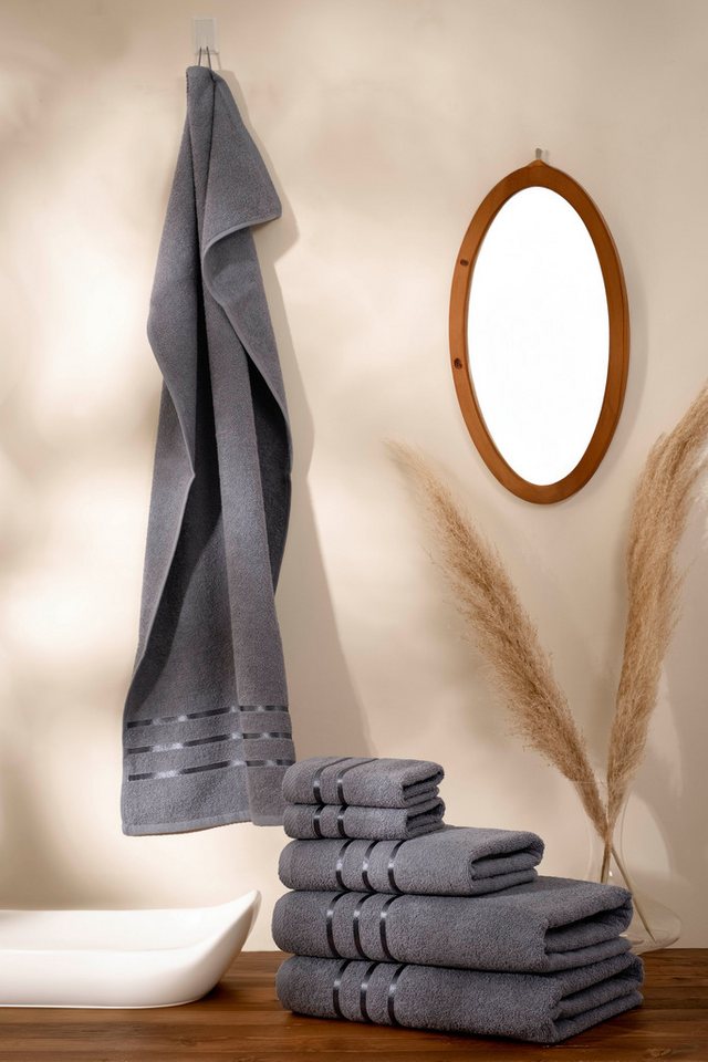 Bruno Banani Handtuch Set Clement, Duschtücher, Handtücher, Seiftücher, Frottier (Set, 6-St), mit dezent glänzender Streifenbordüre, einfarbig, aus 100% Baumwol – Bild 2 von 5