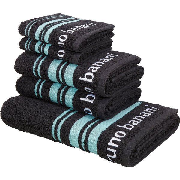 Bruno Banani Handtuch Set Daniel, 1 Duschtuch 70x140, 2 Handtücher 50x100, 2 Gästetücher 30x50, Walkfrottee (Set, 5-St), Streifen-Bordüre & Markenlogo, weich, 1