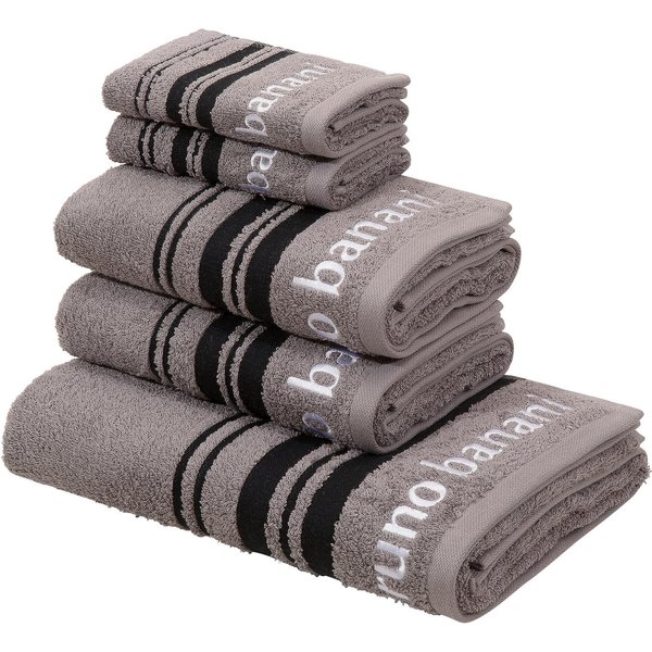 Bruno Banani Handtuch Set Daniel, 1 Duschtuch 70x140, 2 Handtücher 50x100, 2 Gästetücher 30x50, Walkfrottee (Set, 5-St), Streifen-Bordüre & Markenlogo, weich, 1