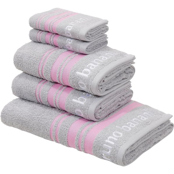 Bruno Banani Handtuch Set Daniel, 1 Duschtuch 70x140, 2 Handtücher 50x100, 2 Gästetücher 30x50, Walkfrottee (Set, 5-St), Streifen-Bordüre & Markenlogo, weich, 1