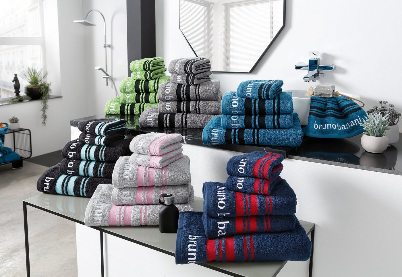 Bruno Banani Handtuch Set Daniel, 1 Duschtuch 70x140, 2 Handtücher 50x100, 2 Gästetücher 30x50, Walkfrottee (Set, 5-St), Streifen-Bordüre & Markenlogo, weich, 1 – Bild 2 von 5