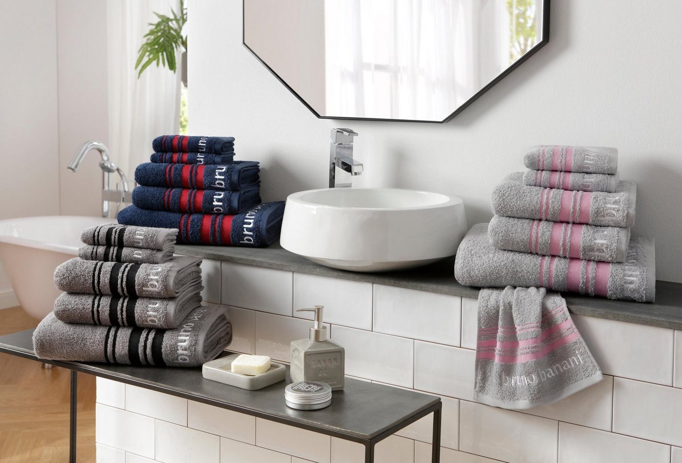 Bruno Banani Handtuch Set Daniel, 1 Duschtuch 70x140, 2 Handtücher 50x100, 2 Gästetücher 30x50, Walkfrottee (Set, 5-St), Streifen-Bordüre & Markenlogo, weich, 1 – Bild 5 von 5