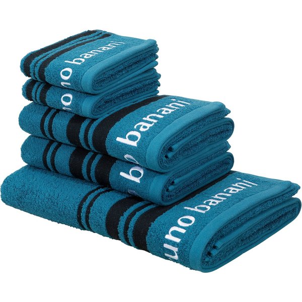 Bruno Banani Handtuch Set Daniel, 1 Duschtuch 70x140, 2 Handtücher 50x100, 2 Gästetücher 30x50, Walkfrottee (Set, 5-St), Streifen-Bordüre & Markenlogo, weich, 1