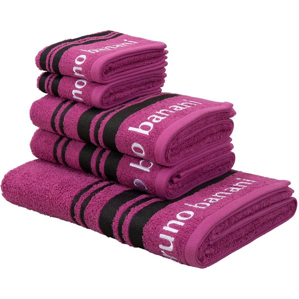 Bruno Banani Handtuch Set Daniel, 1 Duschtuch 70x140, 2 Handtücher 50x100, 2 Gästetücher 30x50, Walkfrottee (Set, 5-St), Streifen-Bordüre & Markenlogo, weich, 1