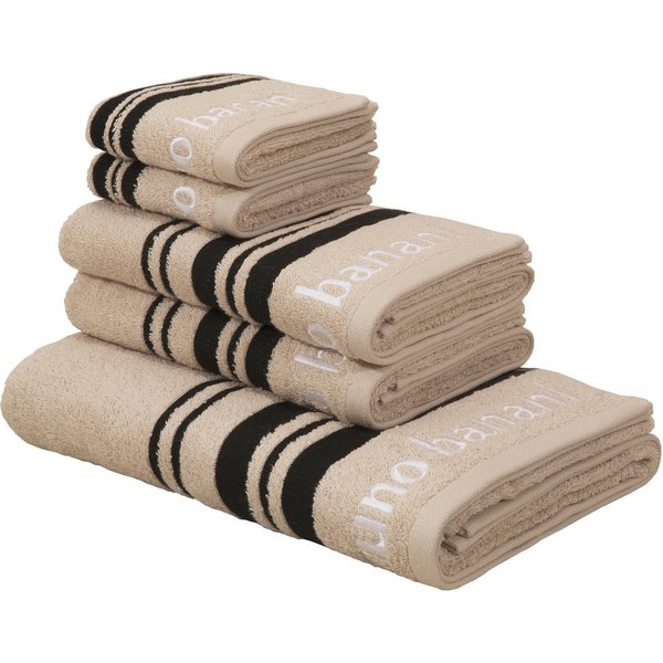 Bruno Banani Handtuch Set Daniel, 1 Duschtuch 70x140, 2 Handtücher 50x100, 2 Gästetücher 30x50, Walkfrottee (Set, 5-St), Streifen-Bordüre & Markenlogo, weich, 1