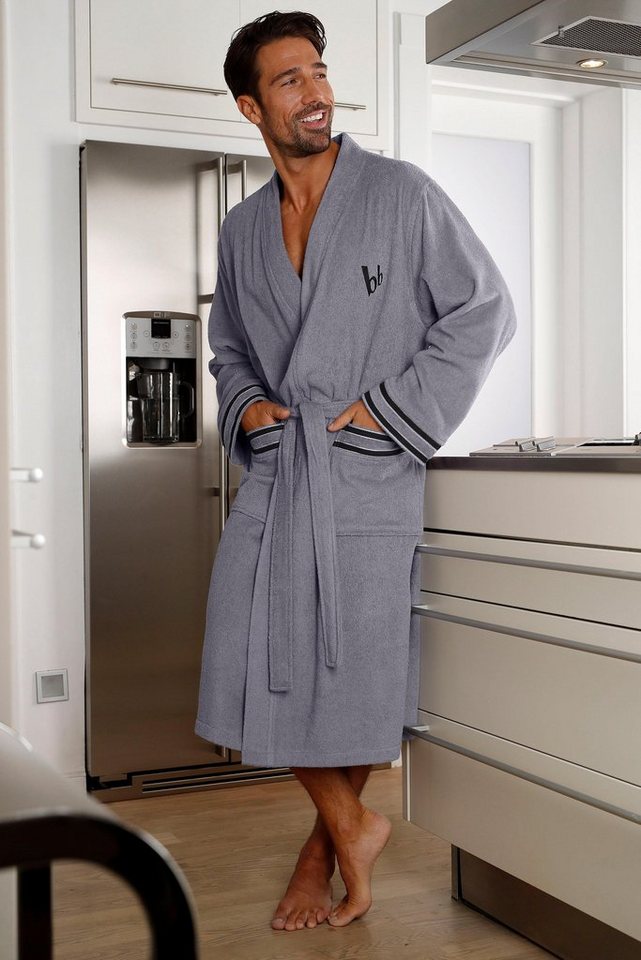 Bruno Banani Herrenbademantel Roy, ideal für Sauna & Spa, Standardlänge & Überlänge, Langform, Walkfrottee, Kimono-Kragen, Gürtel, farblich abgesetzten Streifen – Bild 4 von 5