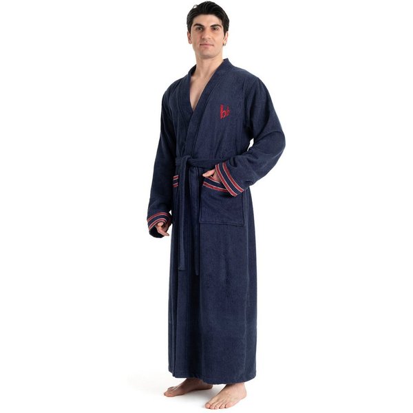 Bruno Banani Herrenbademantel Roy, ideal für Sauna & Spa, Standardlänge & Überlänge, Langform, Walkfrottee, Kimono-Kragen, Gürtel, farblich abgesetzten Streifen