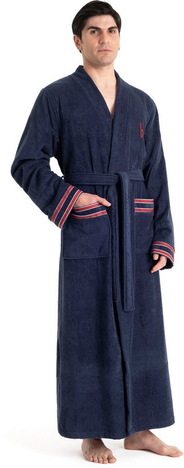 Bruno Banani Herrenbademantel Roy, ideal für Sauna & Spa, Standardlänge & Überlänge, Langform, Walkfrottee, Kimono-Kragen, Gürtel, farblich abgesetzten Streifen – Bild 4 von 5