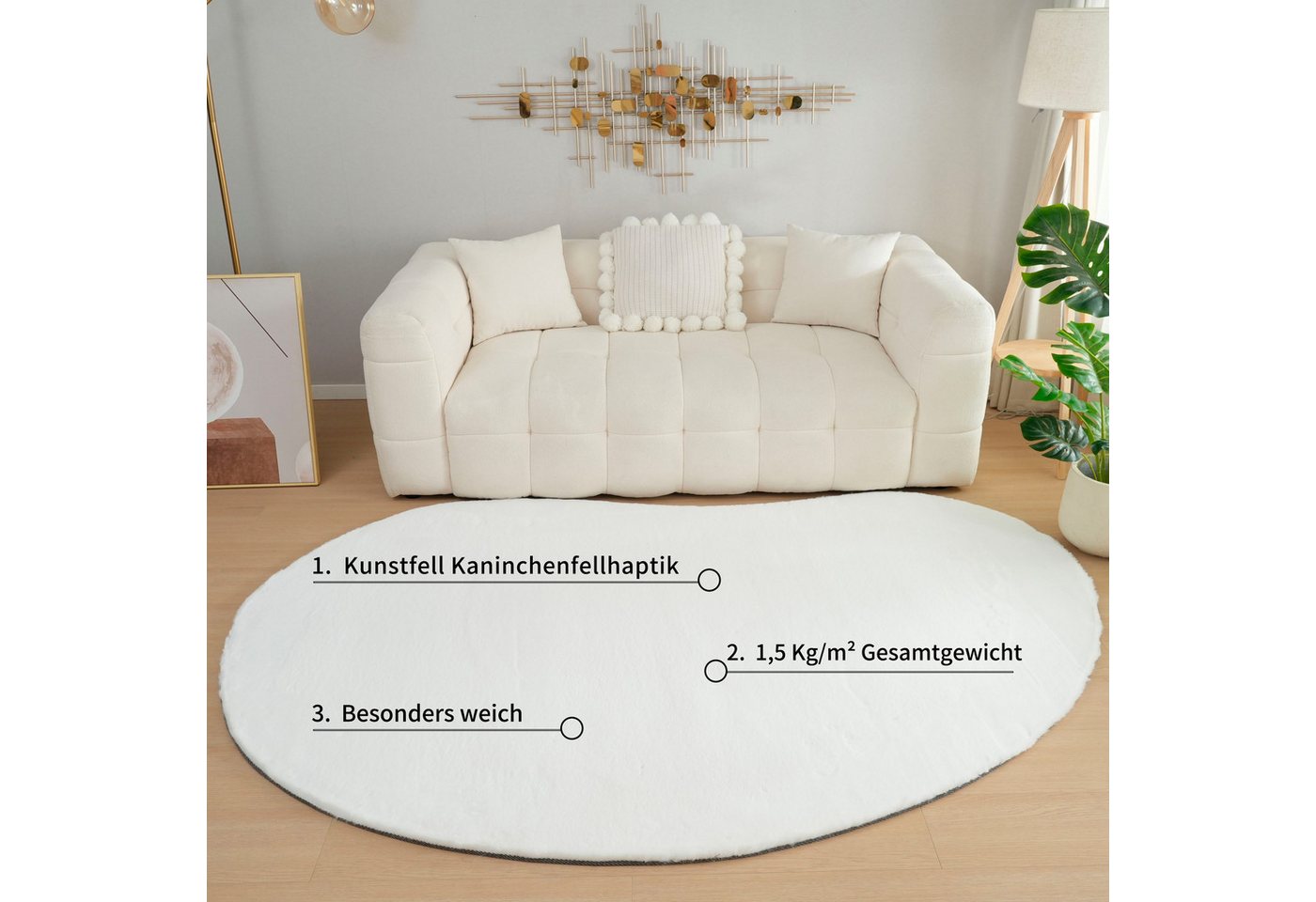 Bruno Banani Hochflor-Teppich Rabbit 2 Bean, Kunstfell Teppich, Modern, besondere Form, U-förmig, Höhe: 25 mm, Kaninchenfell-Haptik, Microfaser, Wohnzimmer, Sch – Bild 3 von 5