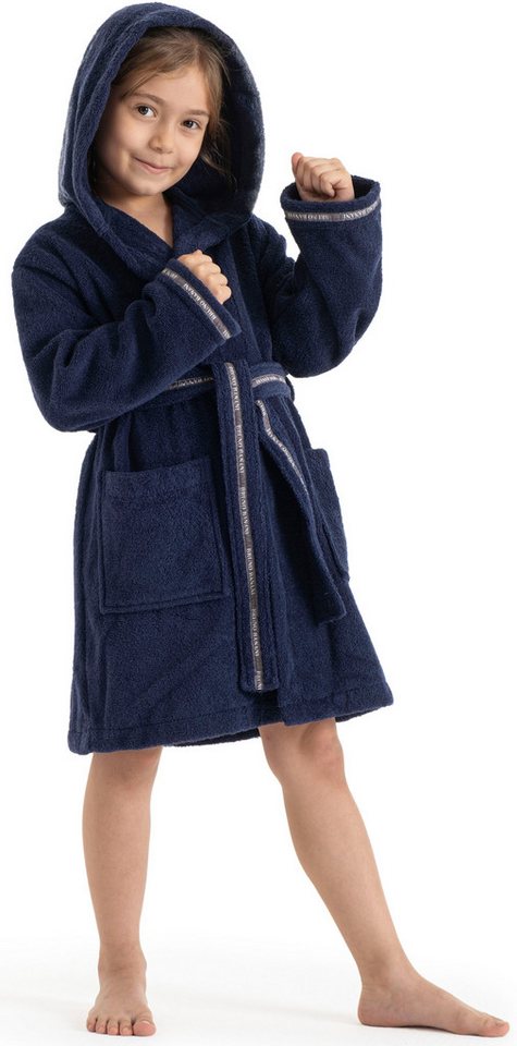 Bruno Banani Kinderbademantel Danny, Ideal für Zuhause, Schwimmbad oder im Urlaub, Langform, Walkfrottee, Kapuze, Gürtel, mit Logostreifen, aus 100% Baumwolle – Bild 4 von 5