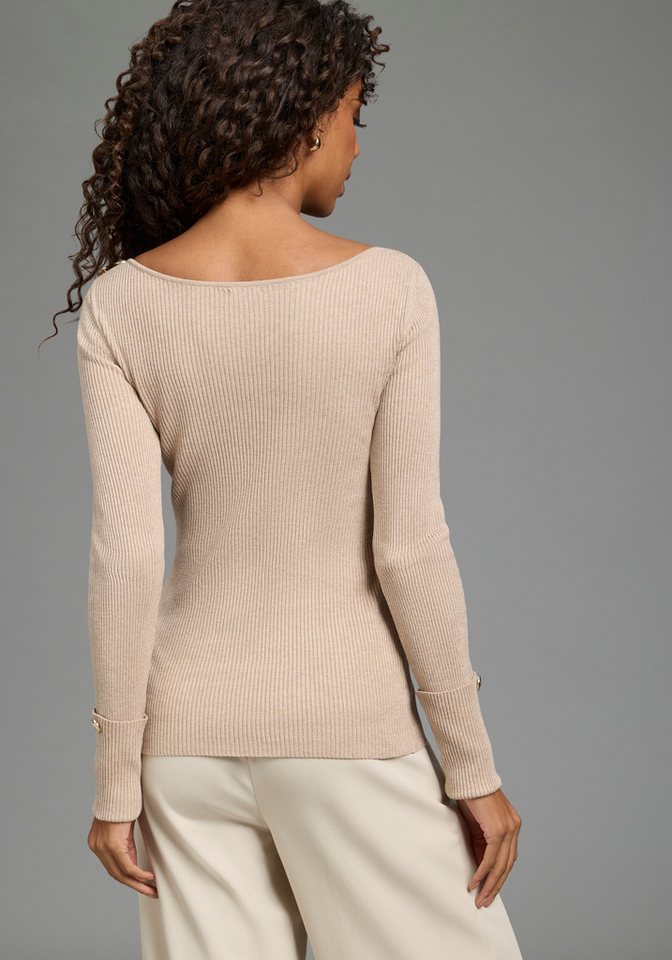 Bruno Banani Strickpullover aus Rippstrick, figurbetonte Passform, mit Aufschlag und Knopf – Bild 2 von 5