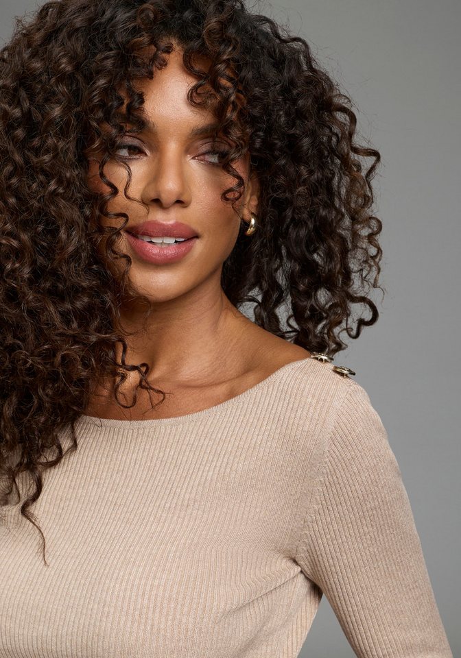 Bruno Banani Strickpullover aus Rippstrick, figurbetonte Passform, mit Aufschlag und Knopf – Bild 3 von 5