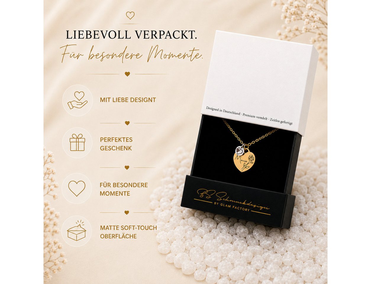BS Schmuckdesign Kette mit Anhänger mit Gravur Personalisierte Halskette Damen Herzkette Name und Monatsblume Gravur (inkl. Gravur), vollständig personalisierba – Bild 4 von 5