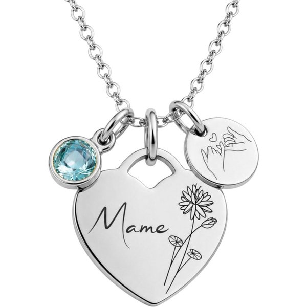BS Schmuckdesign Kette mit Anhänger mit Gravur Personalisierte Halskette Damen Herzkette Name und Monatsblume Gravur (inkl. Gravur), vollständig personalisierba