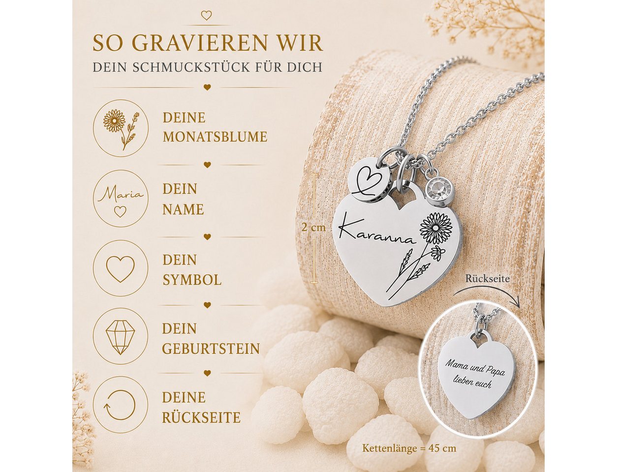 BS Schmuckdesign Kette mit Anhänger mit Gravur Personalisierte Halskette Damen Herzkette Name und Monatsblume Gravur (inkl. Gravur), vollständig personalisierba – Bild 2 von 5
