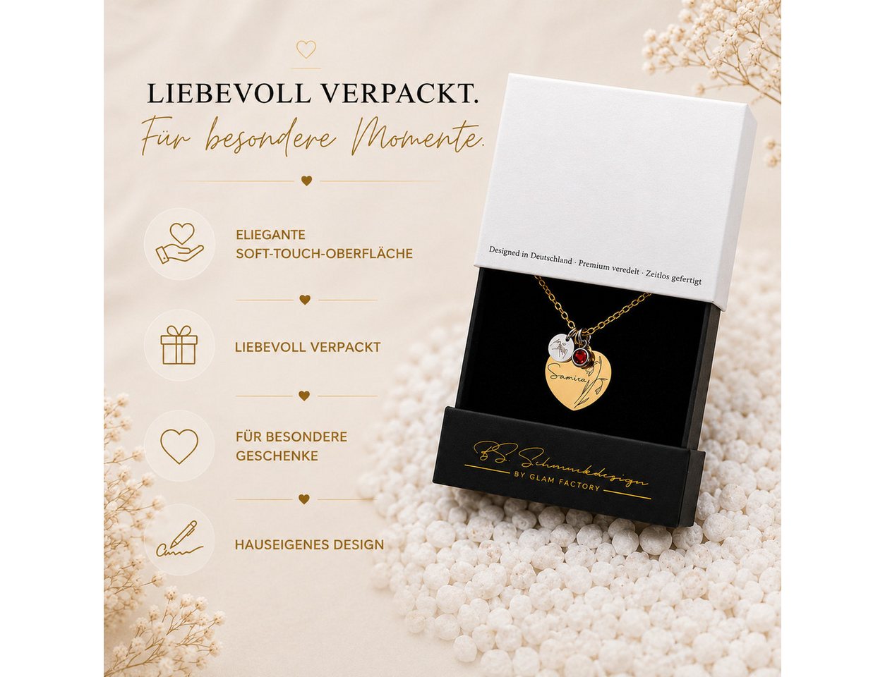 BS Schmuckdesign Kette mit Anhänger mit Gravur Personalisierte Halskette Damen Herzkette Name und Monatsblume Gravur (inkl. Gravur), vollständig personalisierba – Bild 4 von 5