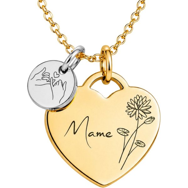 BS Schmuckdesign Kette mit Anhänger mit Gravur Personalisierte Halskette Damen Herzkette Name und Monatsblume Gravur (inkl. Gravur), vollständig personalisierba