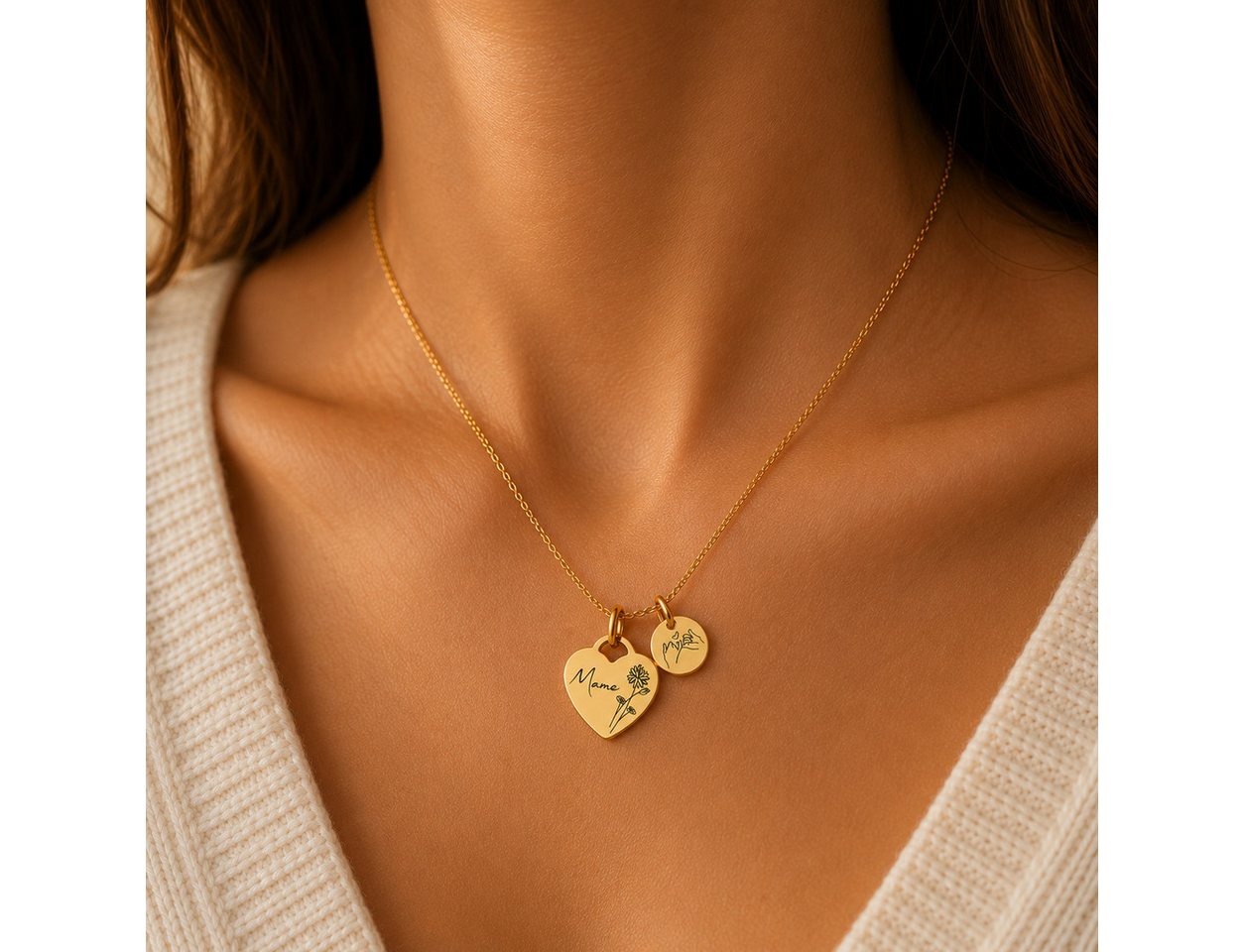 BS Schmuckdesign Kette mit Anhänger mit Gravur Personalisierte Halskette Damen Herzkette Name und Monatsblume Gravur (inkl. Gravur), vollständig personalisierba – Bild 3 von 5