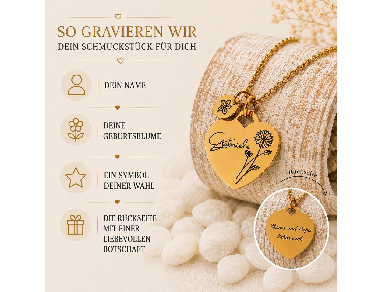 BS Schmuckdesign Kette mit Anhänger mit Gravur Personalisierte Halskette Damen Herzkette Name und Monatsblume Gravur (inkl. Gravur), vollständig personalisierba – Bild 4 von 5