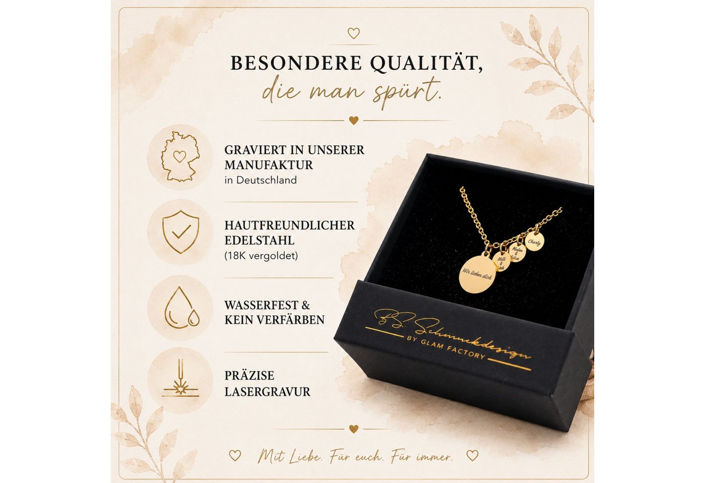 BS Schmuckdesign Kette mit Anhänger mit Gravur Personalisierte Halskette Damen Gravurkette Anhängerplättchen (inkl. Gravur), personalisiert inkl. Geschenkbox – Bild 3 von 5