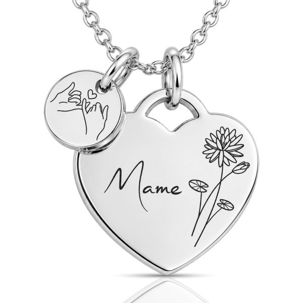 BS Schmuckdesign Kette mit Anhänger mit Gravur Personalisierte Halskette Damen Herzkette Name und Monatsblume Gravur (inkl. Gravur), vollständig personalisierba