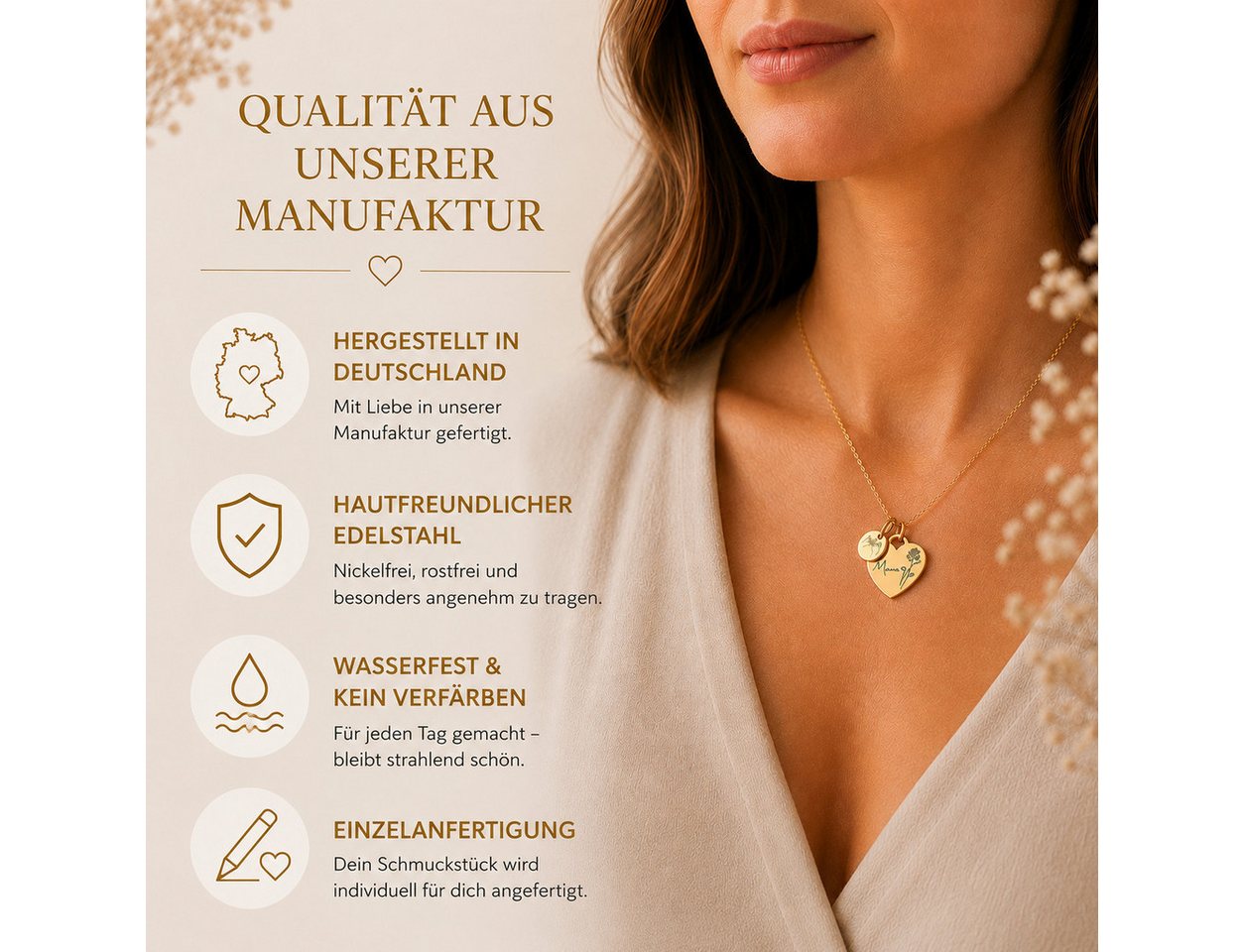 BS Schmuckdesign Kette mit Anhänger mit Gravur Personalisierte Halskette Damen Herzkette Name und Monatsblume Gravur (inkl. Gravur), vollständig personalisierba – Bild 3 von 5