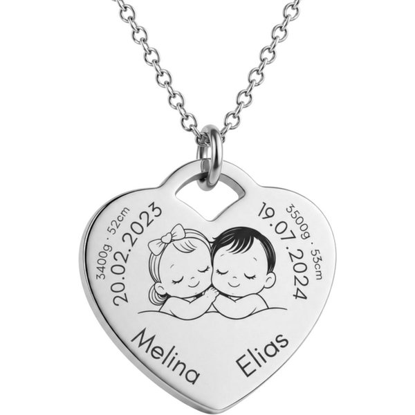 BS Schmuckdesign Kette mit Anhänger mit Gravur Personalisierte Halskette Geburtskette Herzkette Mutter-Kind (inkl. Gravur), personalisierbar inkl. Geschenkbox