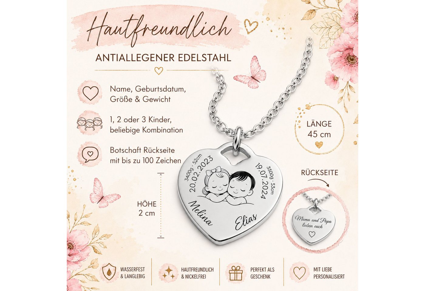 BS Schmuckdesign Kette mit Anhänger mit Gravur Personalisierte Halskette Geburtskette Herzkette Mutter-Kind (inkl. Gravur), personalisierbar inkl. Geschenkbox – Bild 2 von 5