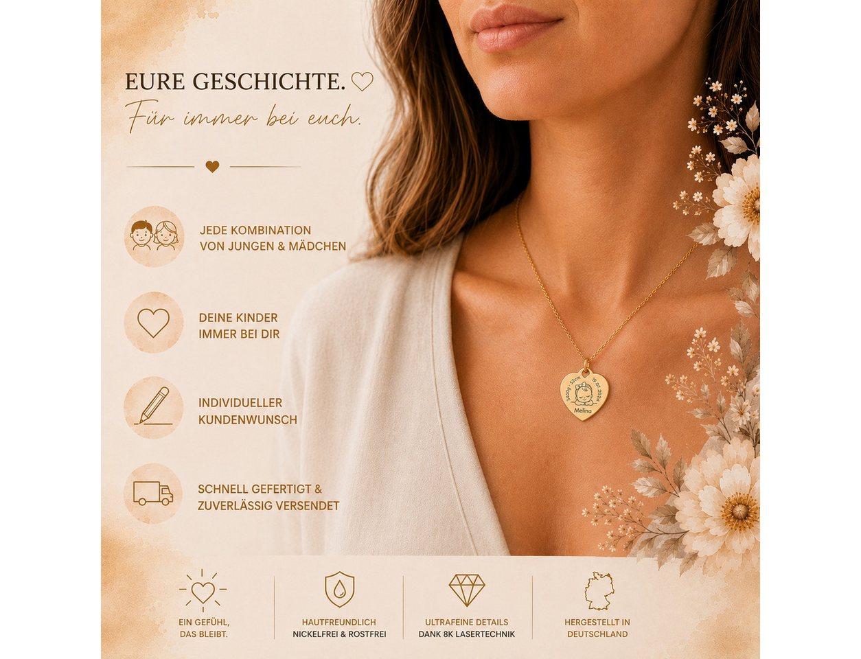 BS Schmuckdesign Kette mit Anhänger mit Gravur Personalisierte Halskette Geburtskette Herzkette Mutter-Kind (inkl. Gravur), personalisierbar inkl. Geschenkbox – Bild 5 von 5