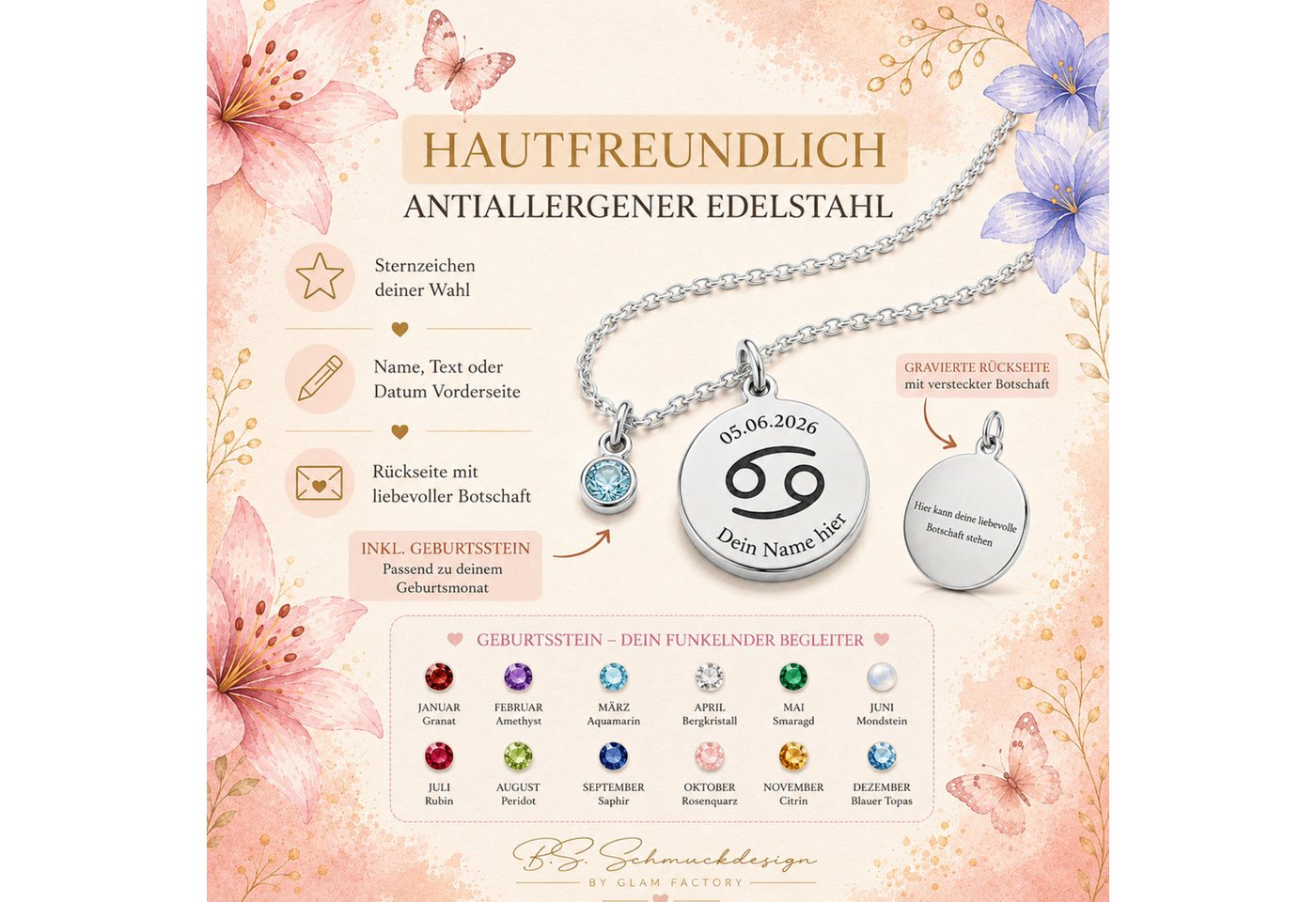BS Schmuckdesign Kette mit Anhänger mit Gravur Personalisierte Halskette Damen Sternzeichen Name Datum Gravur (persönliche Gravur), inkl. Geschenkbox – Bild 2 von 5