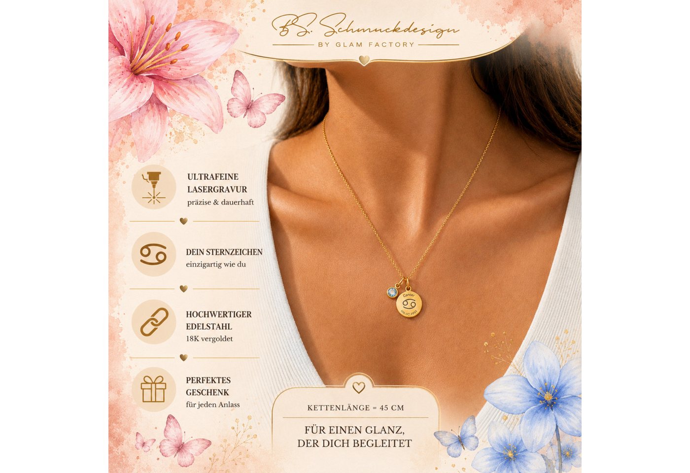 BS Schmuckdesign Kette mit Anhänger mit Gravur Personalisierte Halskette Damen Sternzeichen Name Datum Gravur (persönliche Gravur), inkl. Geschenkbox – Bild 3 von 5